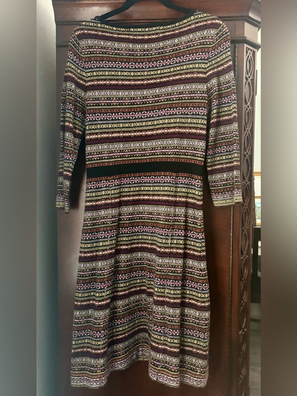 Anthropologie Brown, Cream & Pink Striped Fit-and-Flare Long Sleeve Dress